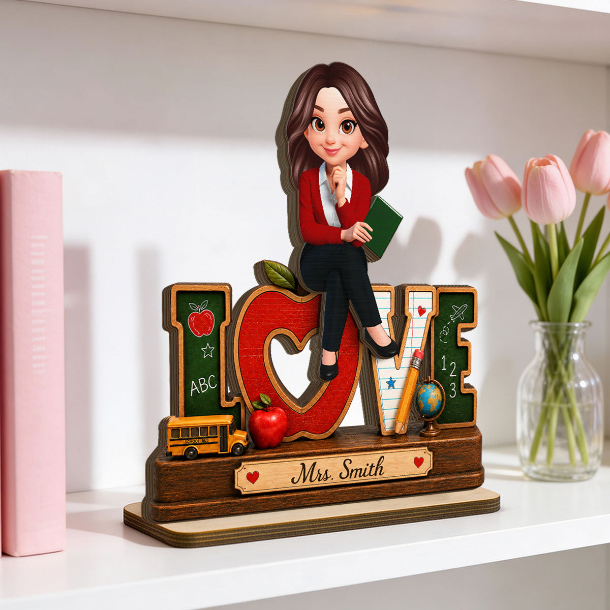Love Pretty Teacher - Personalized 2-Layered Wooden Plaque - Back To School Gift For Teacher, Office Decor