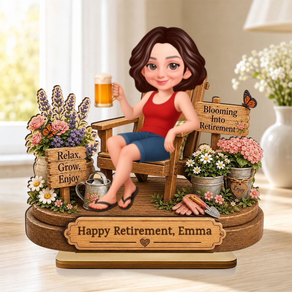 Blooming into Retirement - Personalized 2-Layered Wooden Plaque - Retirement Gift for Grandma, Mom, Wife
