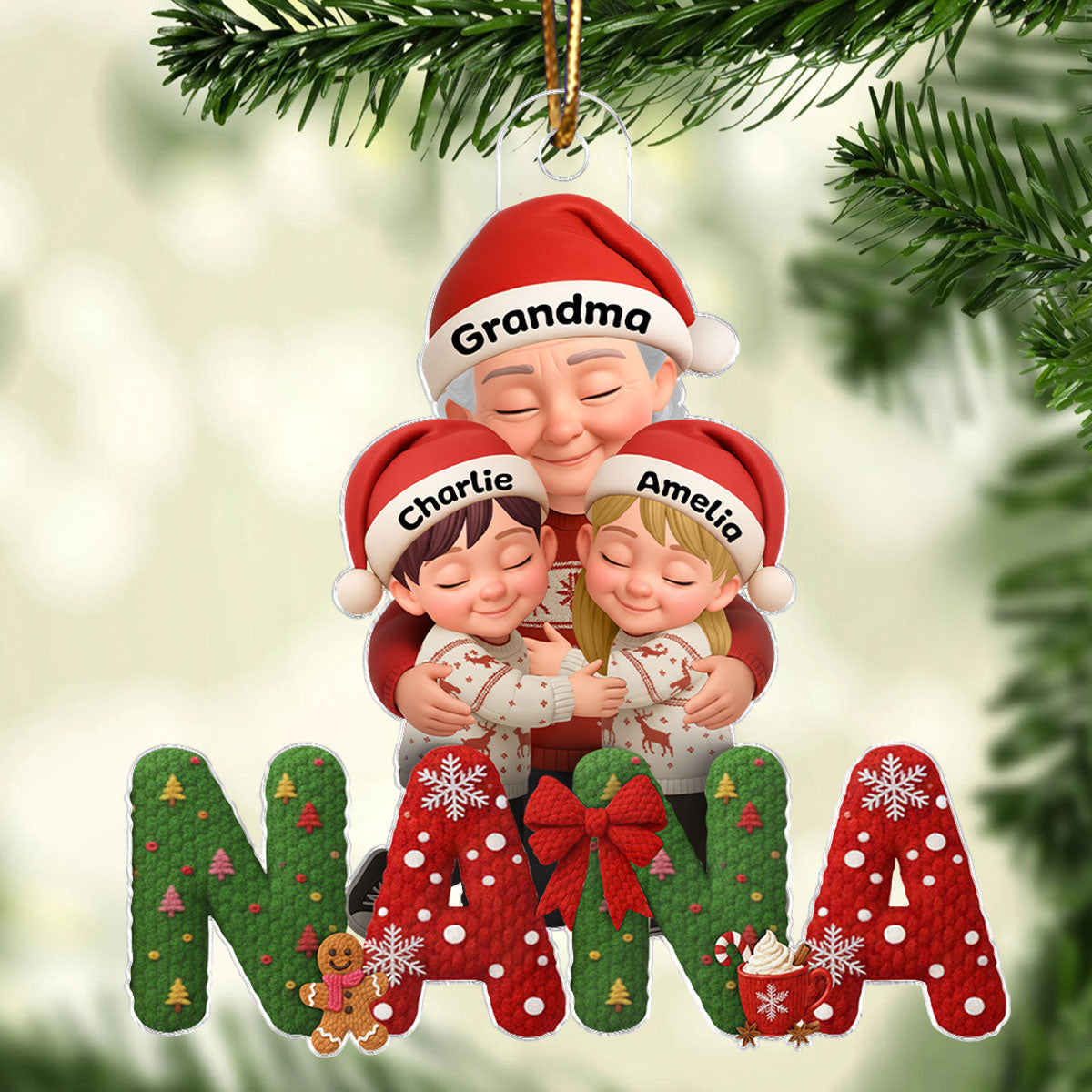 Grandma Hugging Grandkid Latch Hook Yarn Faux - Personalized Acrylic Ornament - Heartfelt Christmas Gift for Grandma, Grandkids