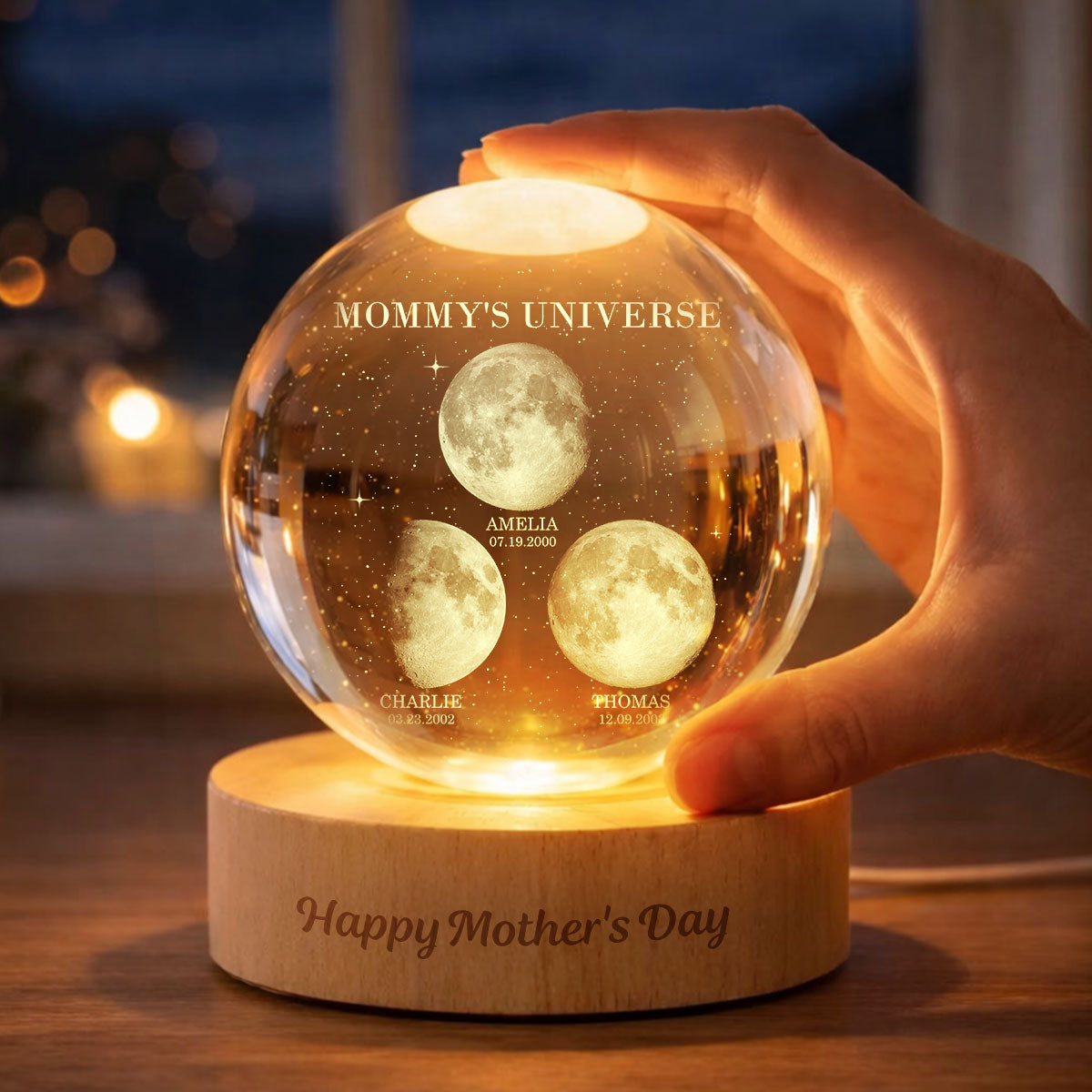 Mommy's Universe, Custom Moon Phase by Date - Personalized Crystal Ball LED Night Light - Mother's Day Gift for Mom, Wife