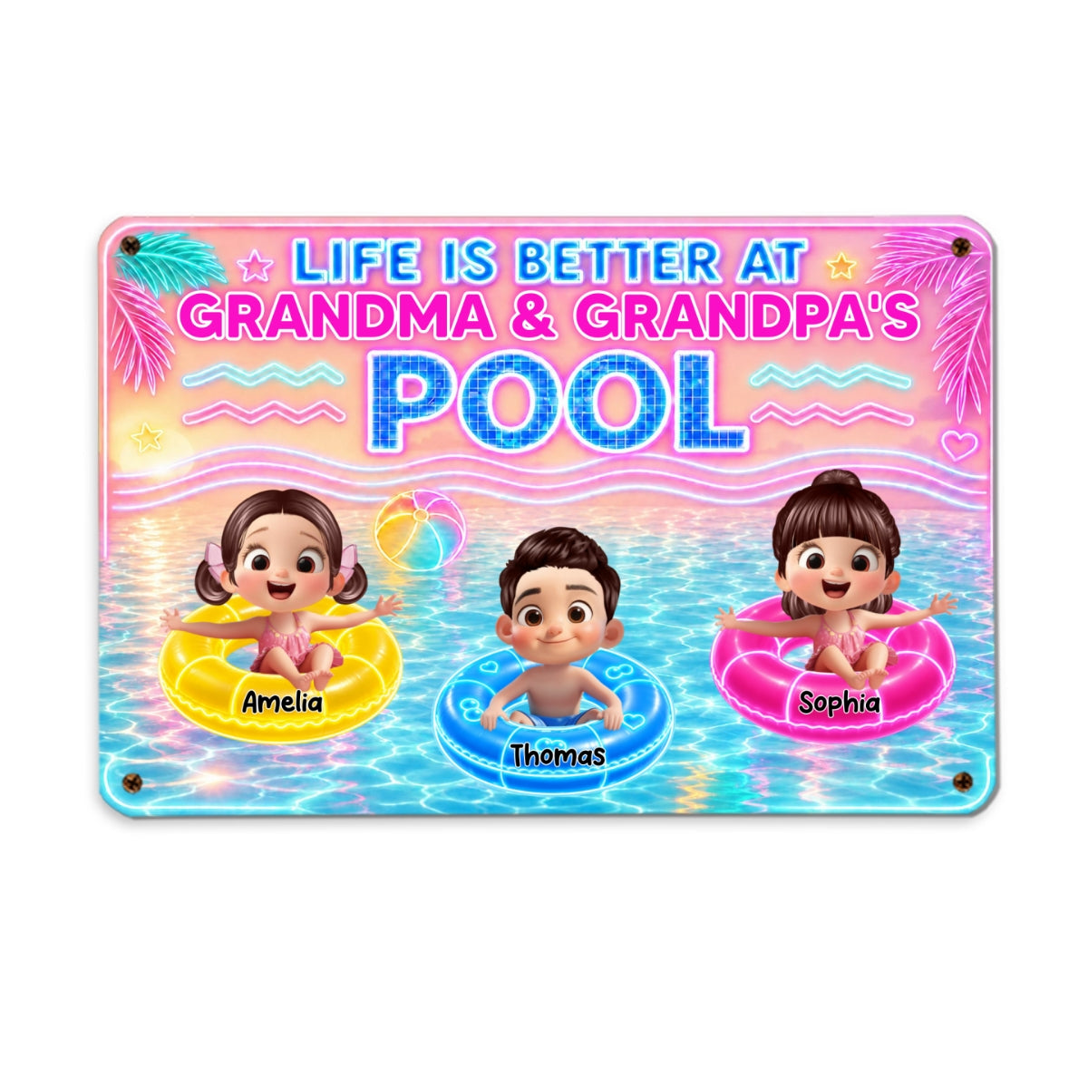 Neon Summer Life is Better in Grandma Grandpa's Pool - Personalized Metal Sign - Summer Decor Gift for Grandma, Grandparents
