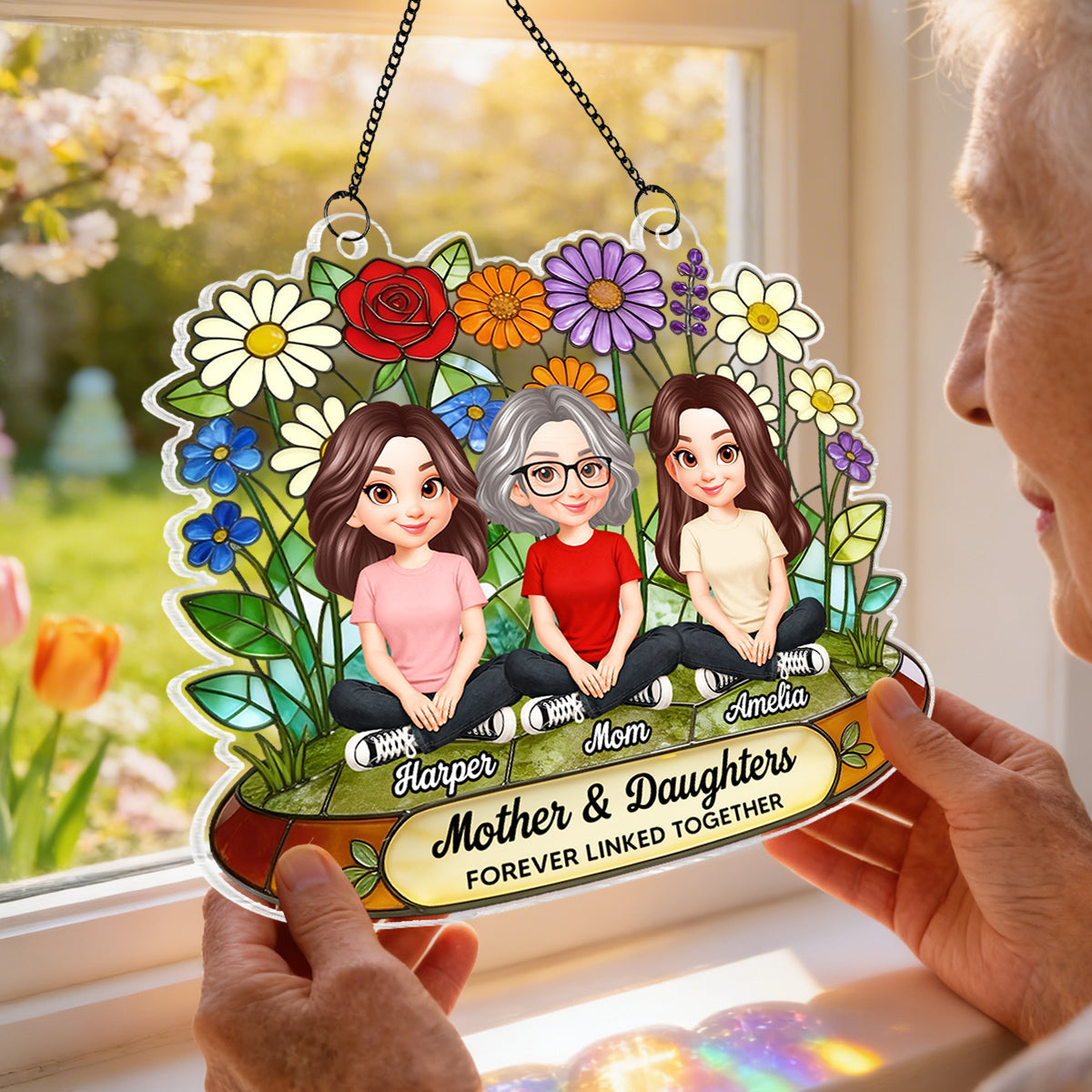 Flower Garden Mom And Son Daughter Forever Linked Together - Personalized Suncatcher Ornament - Gift For Mom