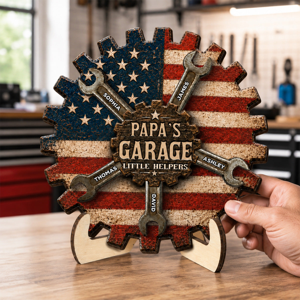 Rustic Workshop Little Helpers Nation Flag Theme 2D Flat - Personalized 2-Layered Wooden Plaque -  Gift For Patriotic Mechanic Dad, Grandpa