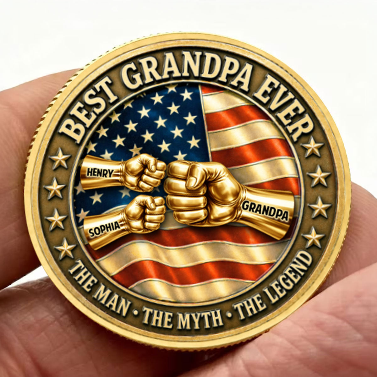 Proud American Best Dad Grandpa Ever Fist Bump - Personalized Commemorative Keepsake Coin - Father's Day Gift For Dad