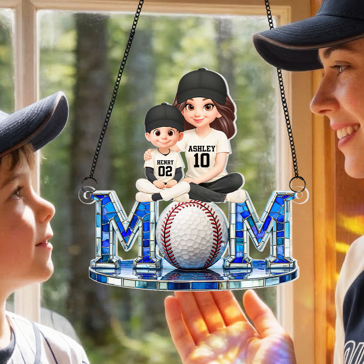 Baseball Mom And Kids Sitting - Personalized Suncatcher - Heartfelt Mother's Day Gift for Mom, Wife
