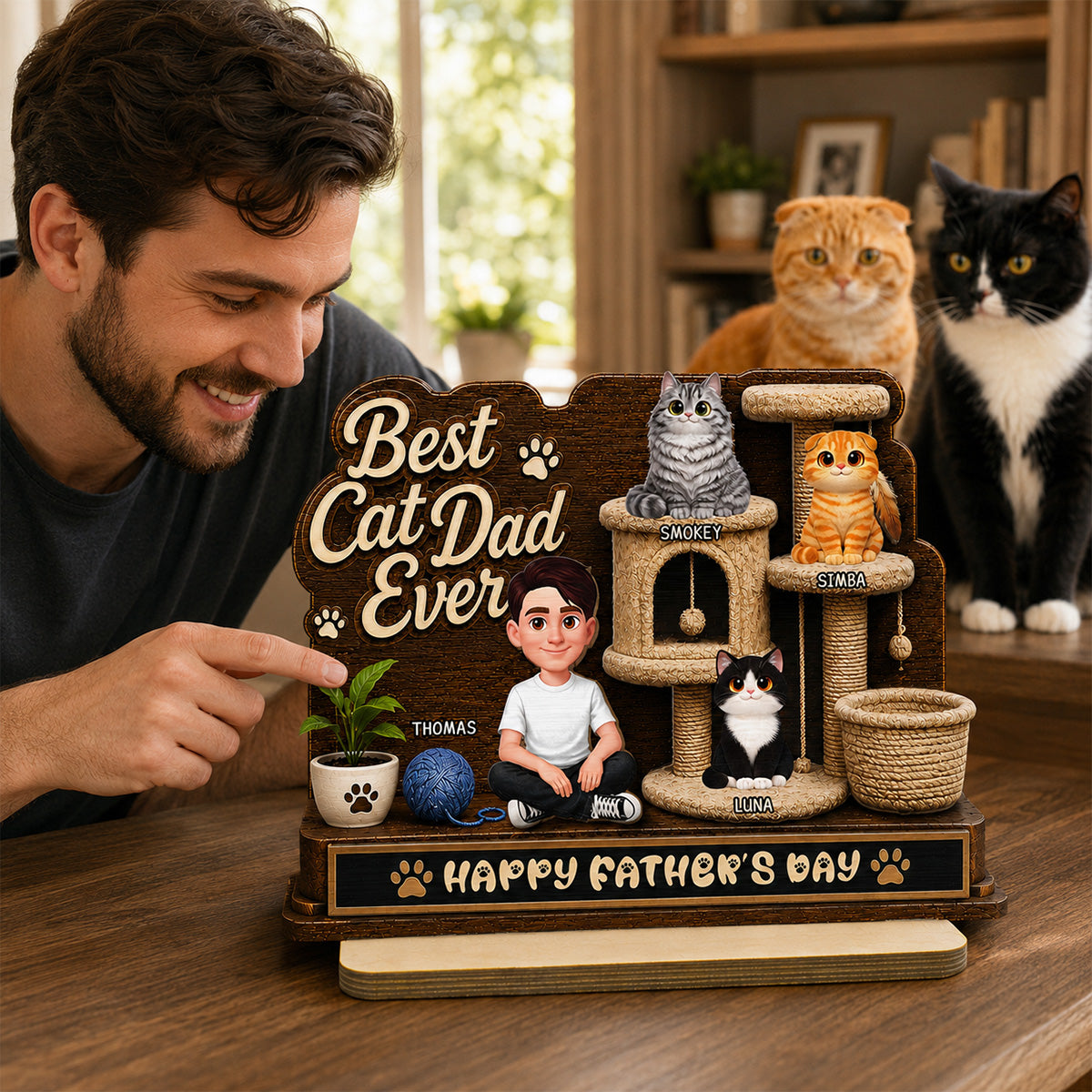Best Cat Dad Ever Man Sitting Cute Cats On Cat Tree 2D Flat - Personalized 2-Layered Wooden Plaque -  Gift For Cat Dad