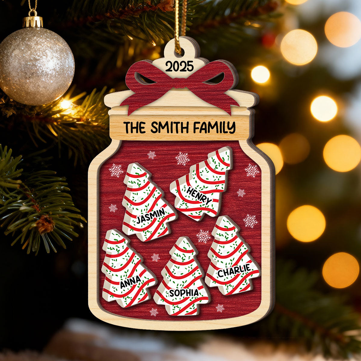 3D Effect Festive Christmas Family Mason Jar Christmas Tree Cakes - Personalized 2-Layered Wooden Ornament