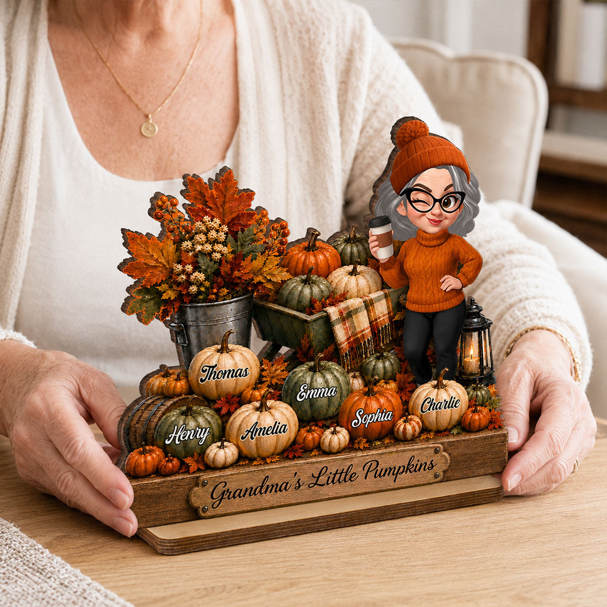 Pumpkin Wheelbarrow Grandma Grandkids - Personalized 2-Layered Wooden Plaque - Fall Season Decor Gift, Gift For Grandma