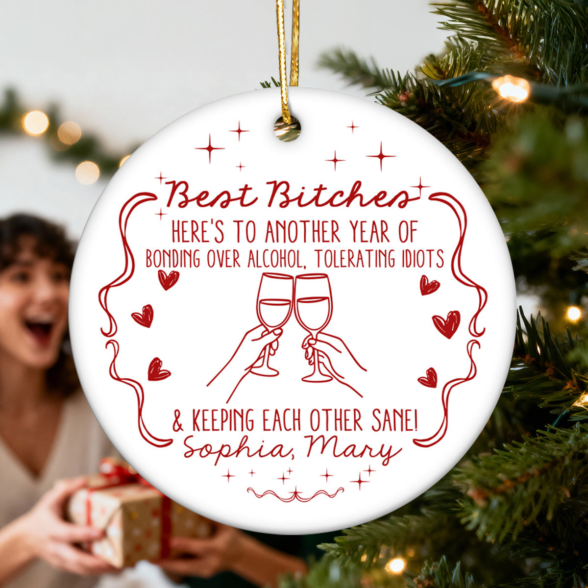 Christmas Red Tone Funny Besties - Personalized Ceramic Ornament - Gift For Best Friends