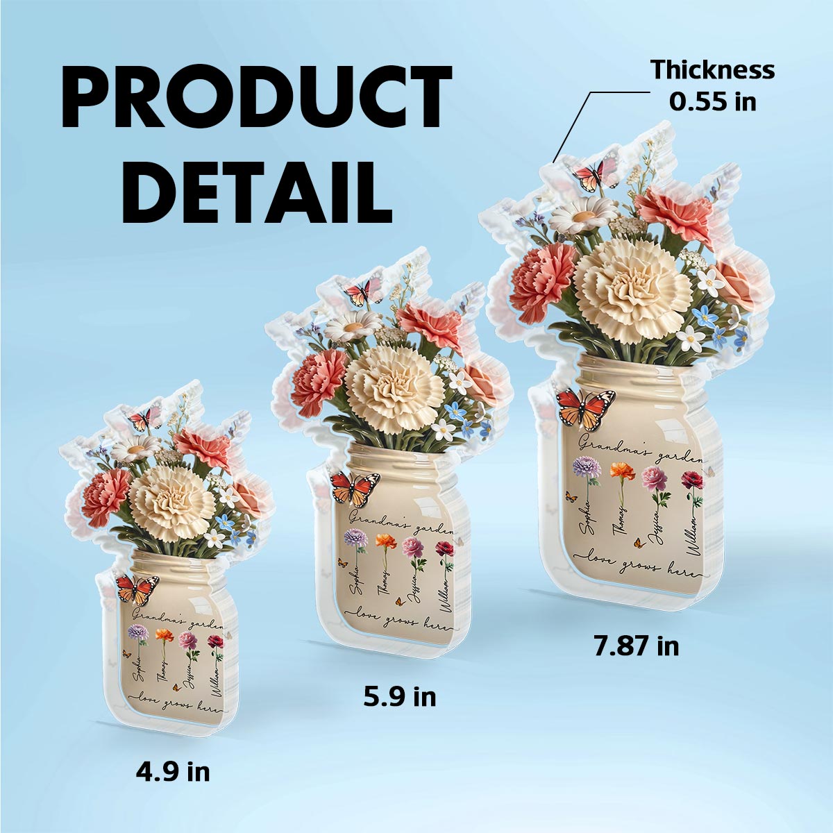 Grandma's Garden Flower Jars Birth Flowers 2D Flat - Personalized Acrylic Block Plaque - Mother's Day Gift For Grandma