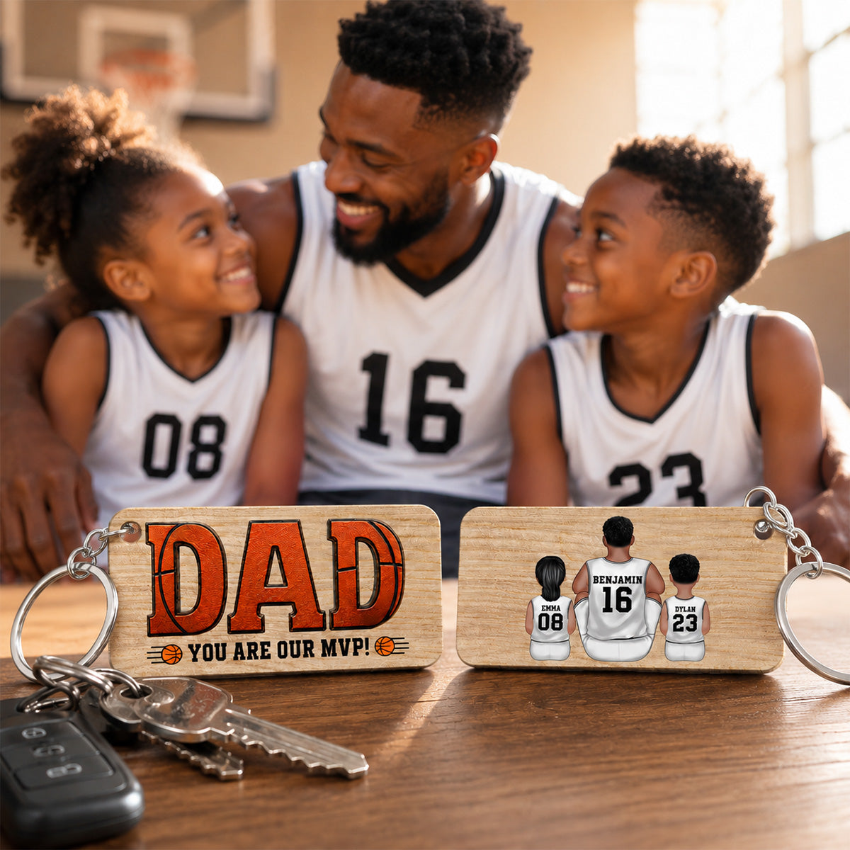 Dad You Are Our MVP Sitting Basketball Man & Kids - Personalized Wooden Keychain - Father's Day Gift For Basketball Dad