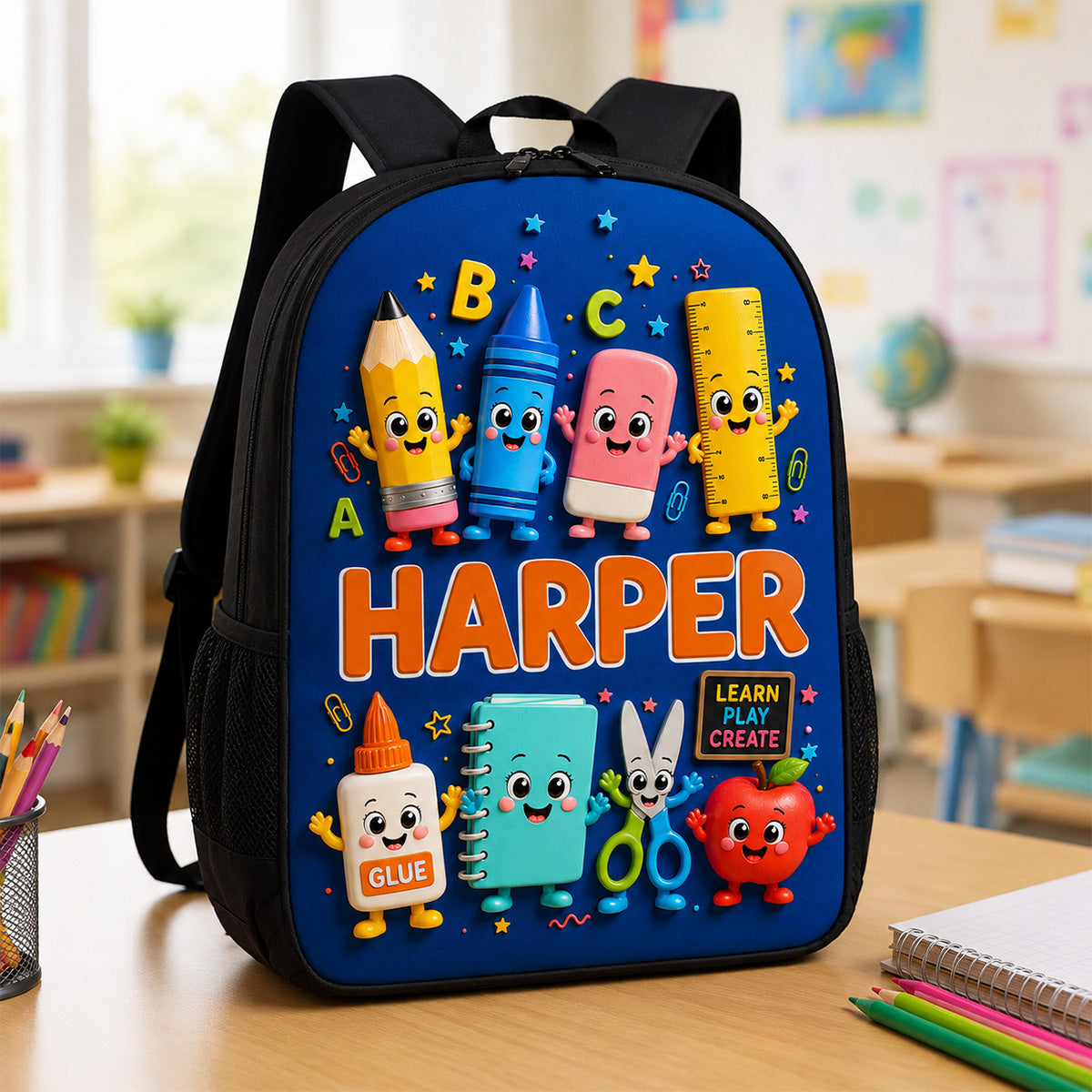 Playful School Things With Kid Name 2D Flat - Personalized Backpack - Back To School Gift