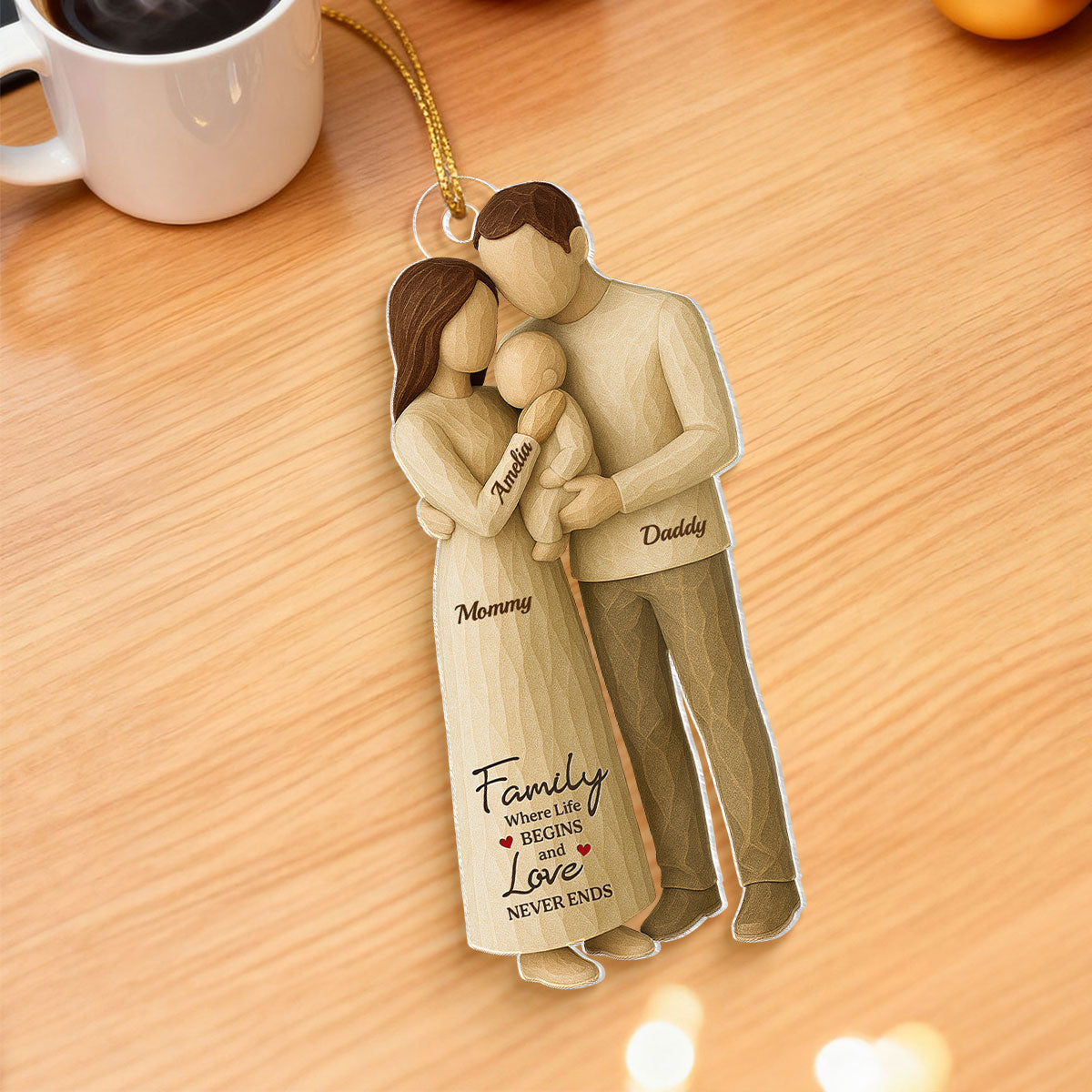 Family Love With Baby Wooden Figurines - Personalized Acrylic Ornament - Heartwarming Christmas Gift For Baby, For Couple, For Family