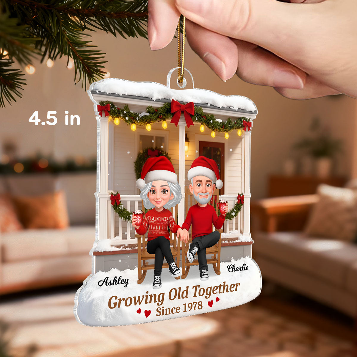 3D Effect Christmas Couple Sitting On Front Porch - Personalized Acrylic Ornament - Heartfelt Gift For Couple