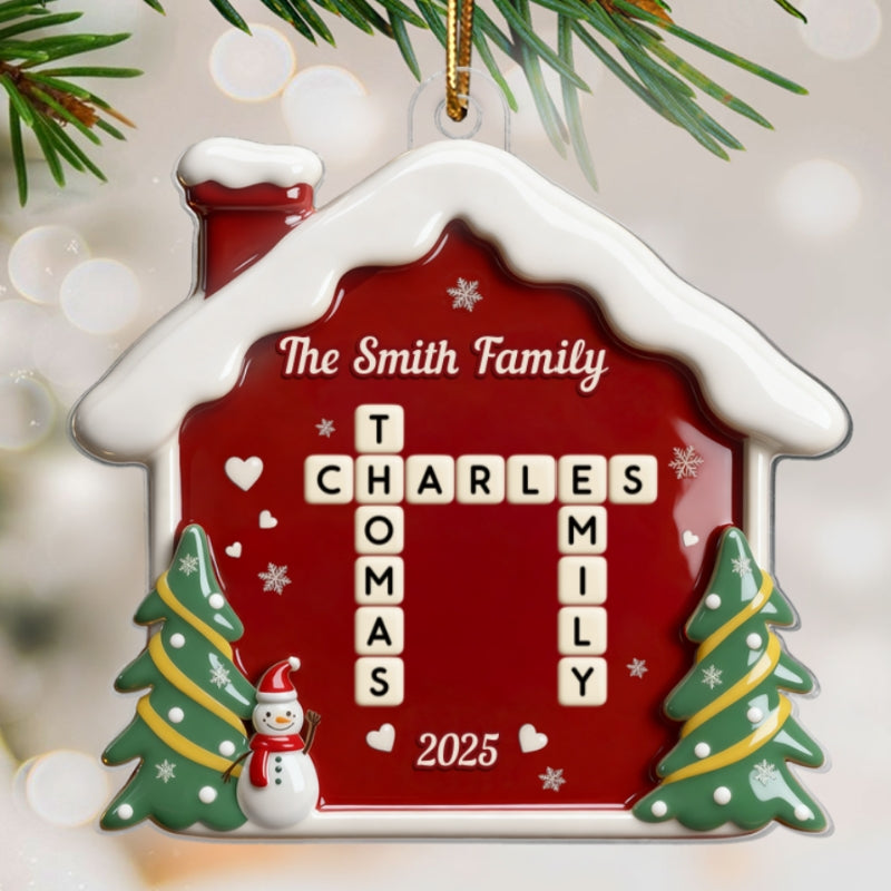 3D Effect Festive Christmas House Family Forever Linked Together Crossword Puzzle Art - Personalized Acrylic Ornament - Gift For Family