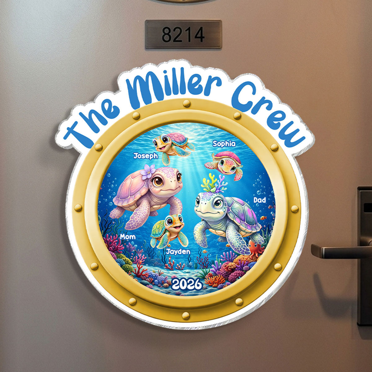 Family Cruise Crew Porthole Turtle Family - Personalized Cruise Ship Door Magnet - Cruise Trip Keepsake