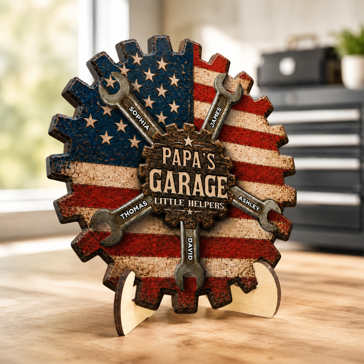 Rustic Workshop Little Helpers Nation Flag Theme 2D Flat - Personalized 2-Layered Wooden Plaque -  Gift For Patriotic Mechanic Dad, Grandpa