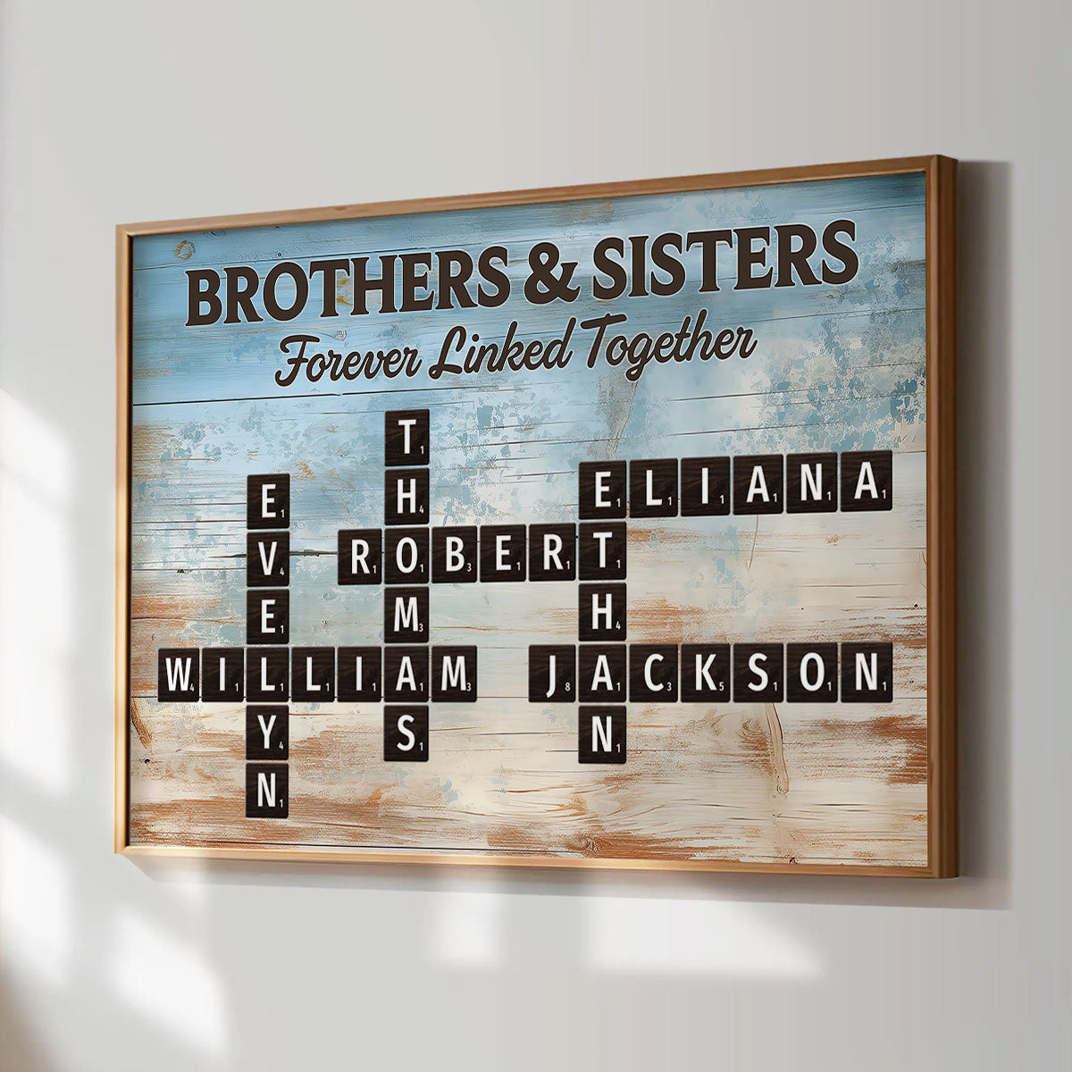 Brothers & Sisters Forever Linked Together Crossword Puzzle Art Blue Wood Palette - Personalized Poster - Gift For Siblings, Family