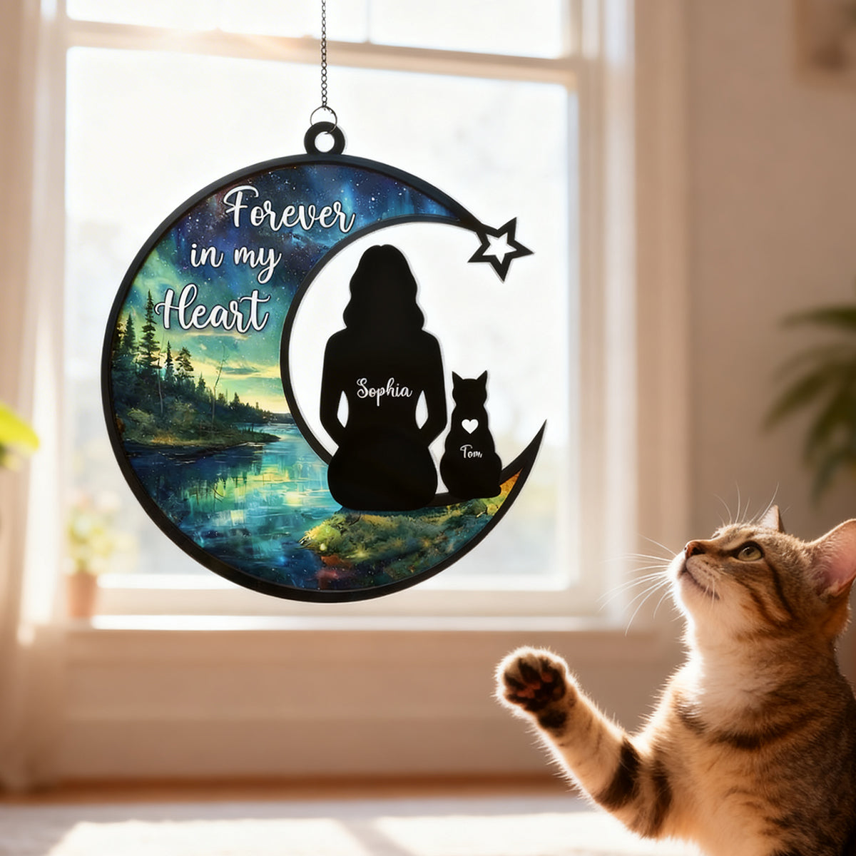 Cat Memorial Forever In My Heart - Personalized Stained Glass Suncatcher Ornament - Gift For Cat Lovers, Cat Mom