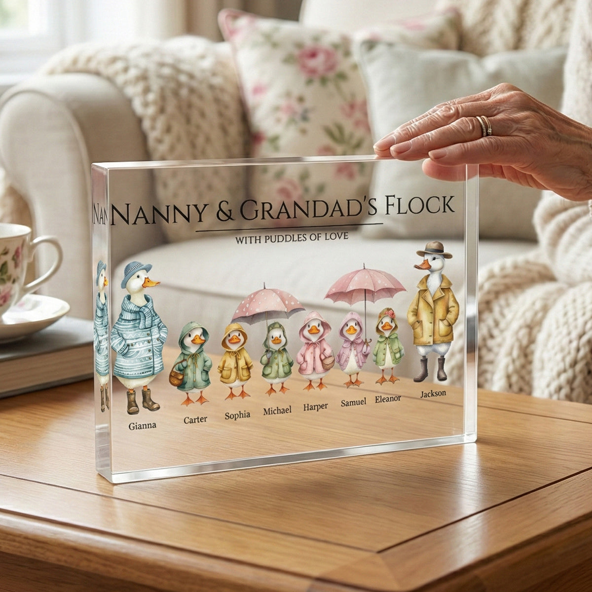 Grandparents Grandma Grandad's Flock Cute Watercolor Ducks - Personalised Acrylic Block Plaque