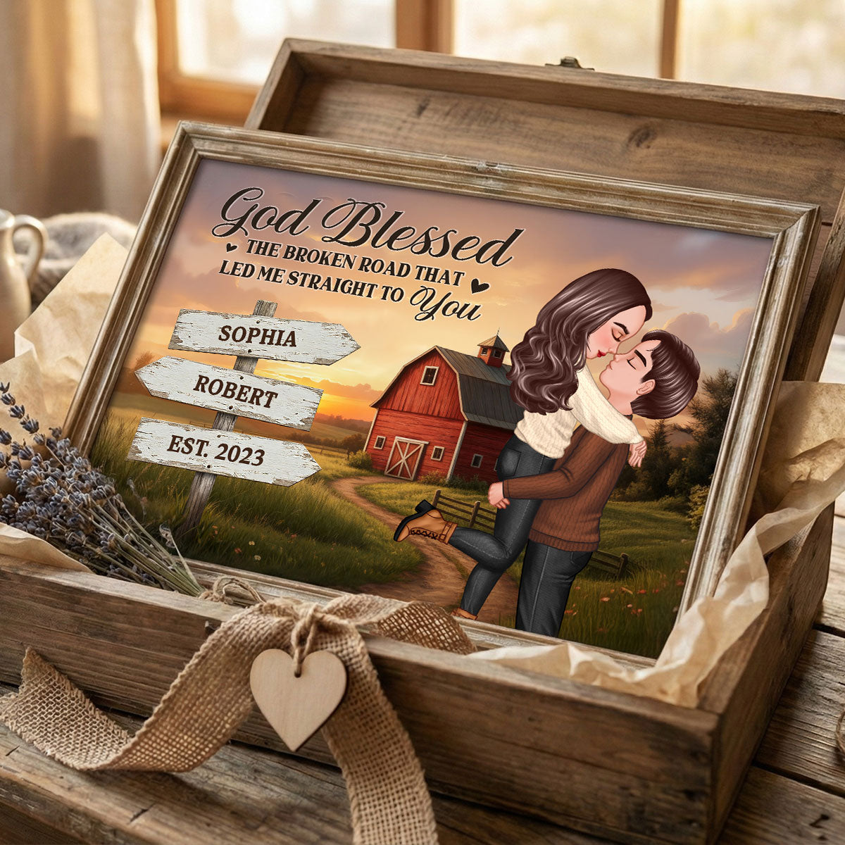 Rustic Nostalgia Red Barn House Sign Posts Couple Hugging Kissing Farmhouse Decor - Personalized Poster - Heartfelt Valentine, Anniversary Gift For Him, For Her