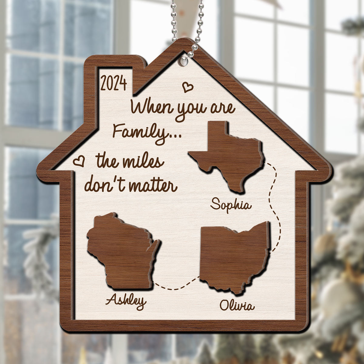 Long Distance Family State Maps Personalized 2-Layer Wooden Ornament, Togetherness Ornament