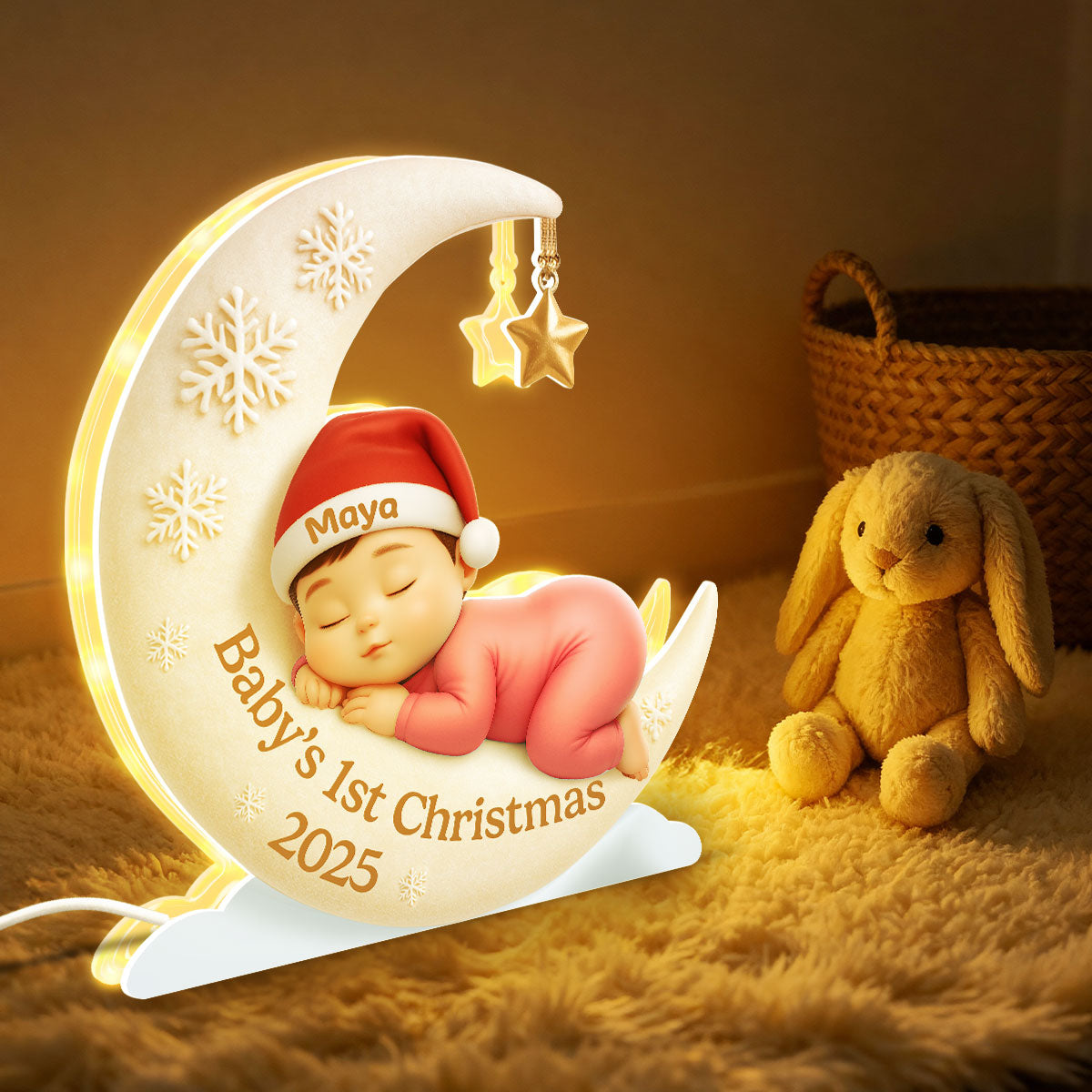 Baby Sleeping on Moon Nursery Lamp - Personalized Light Box - Baby's First Christmas Keepsake, Gift for Grandkids, Baby, Newborn