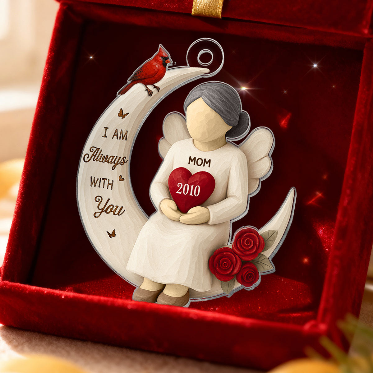 3D Effect Roses Wooden Texture Memorial On Moon - Personalized Acrylic Ornament - Christmas Remembrance Gift, Sympathy Gift