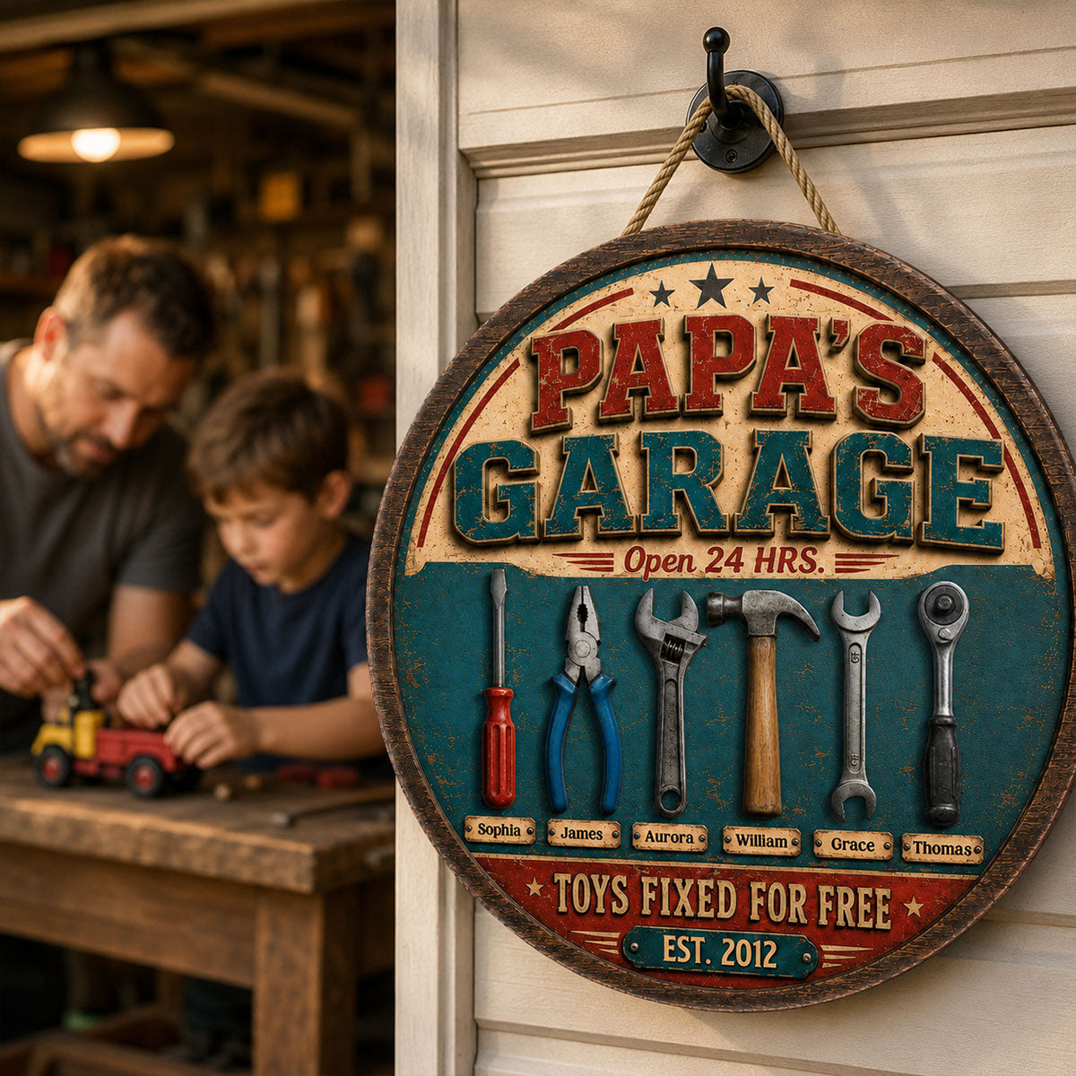 Papa Dad's Garage Toys Fixed For Free Custom Kid Name 2D Flat - Personalized Wooden Garage Sign - Father's Day Gift For Mechanic Dad, Grandpa