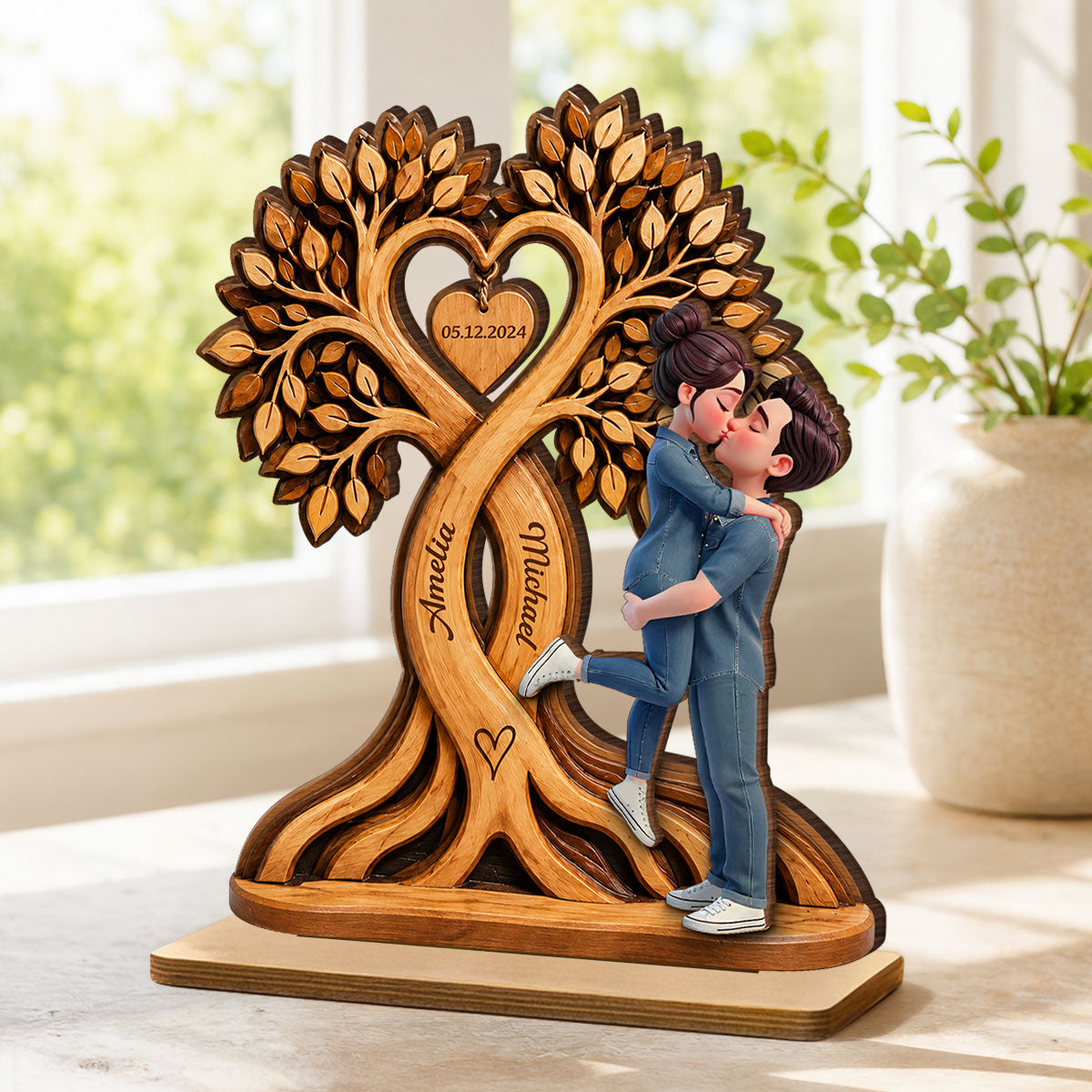 Couple Kissing Under Heart Tree - Personalized 2-Layered Wooden Plaque - Heartfelt Anniversary Gift for Him, for Her