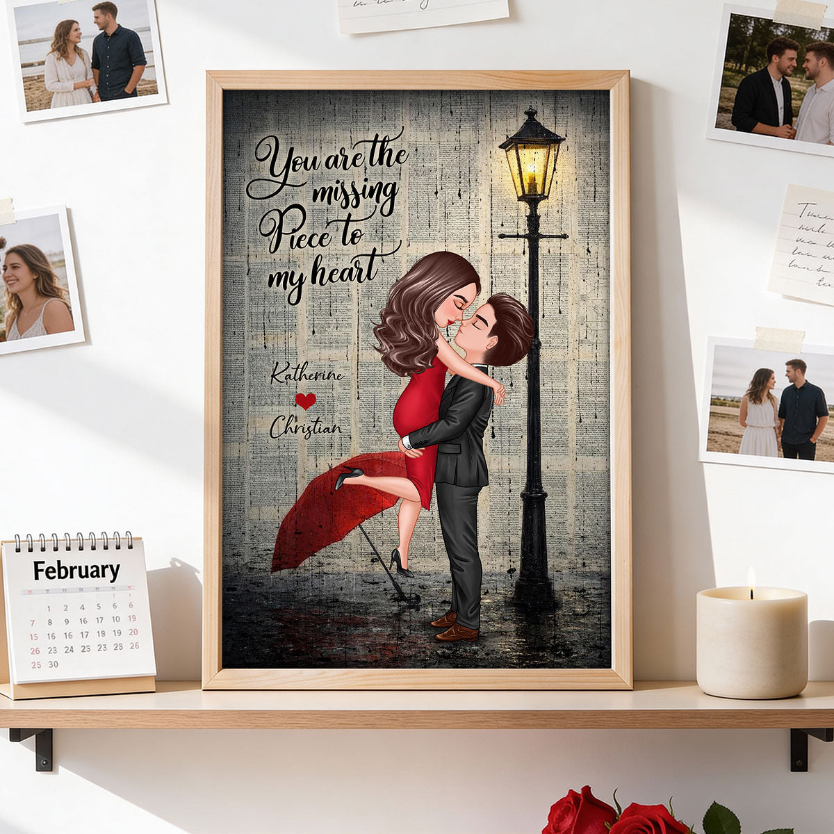 Vintage Newspaper Couple Hugging Kissing Under Lamp Post - Personalized Poster