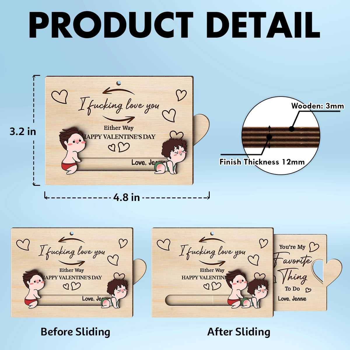 I Fcking Love You Funny Inappropriate Couple Cartoon Style - Personalized Wooden Slider Ornament - Valentine's Day Gift For Him, For Her