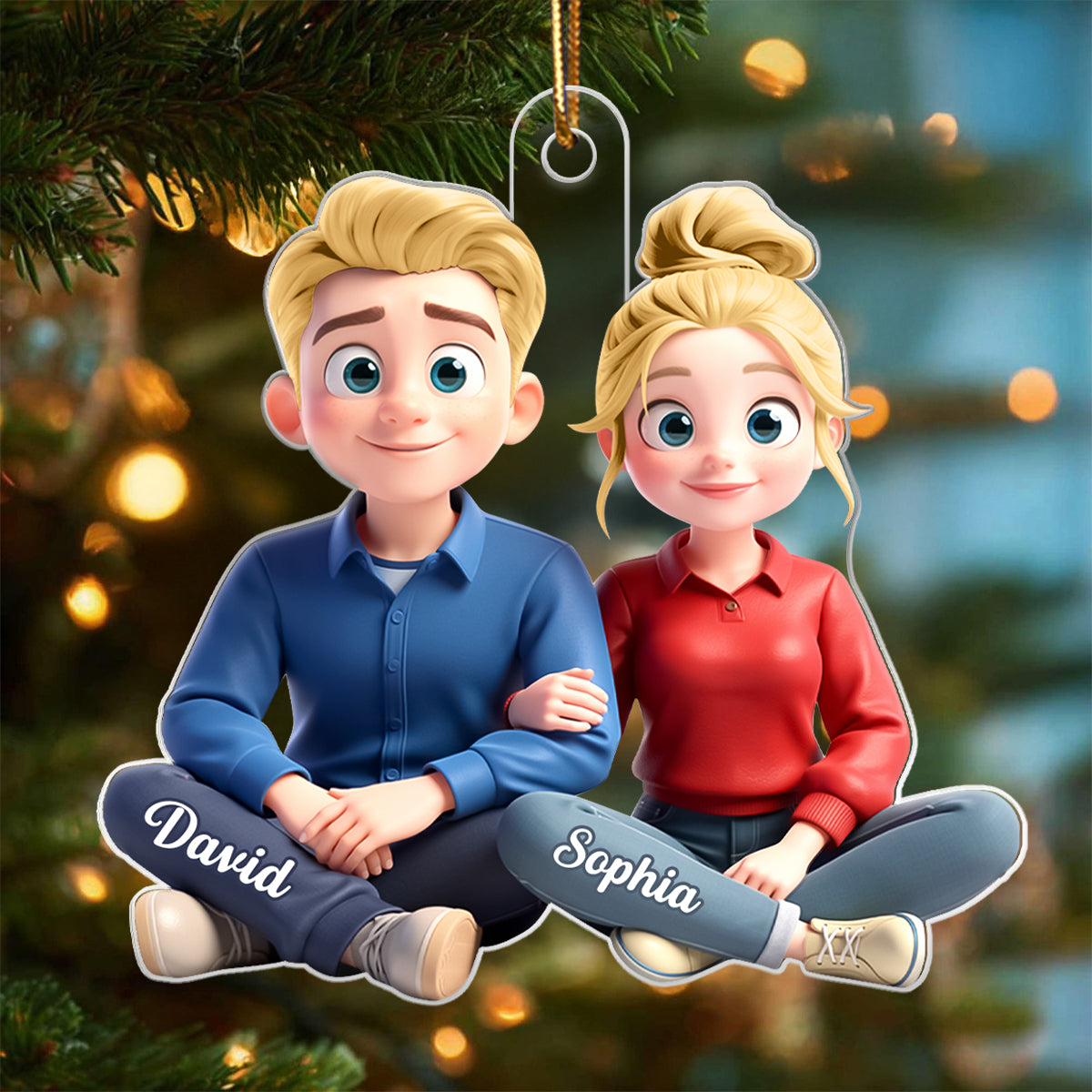 Cartoon Couple Sitting Together - Personalized Acrylic Ornament - Christmas Gift for him, Gift for her