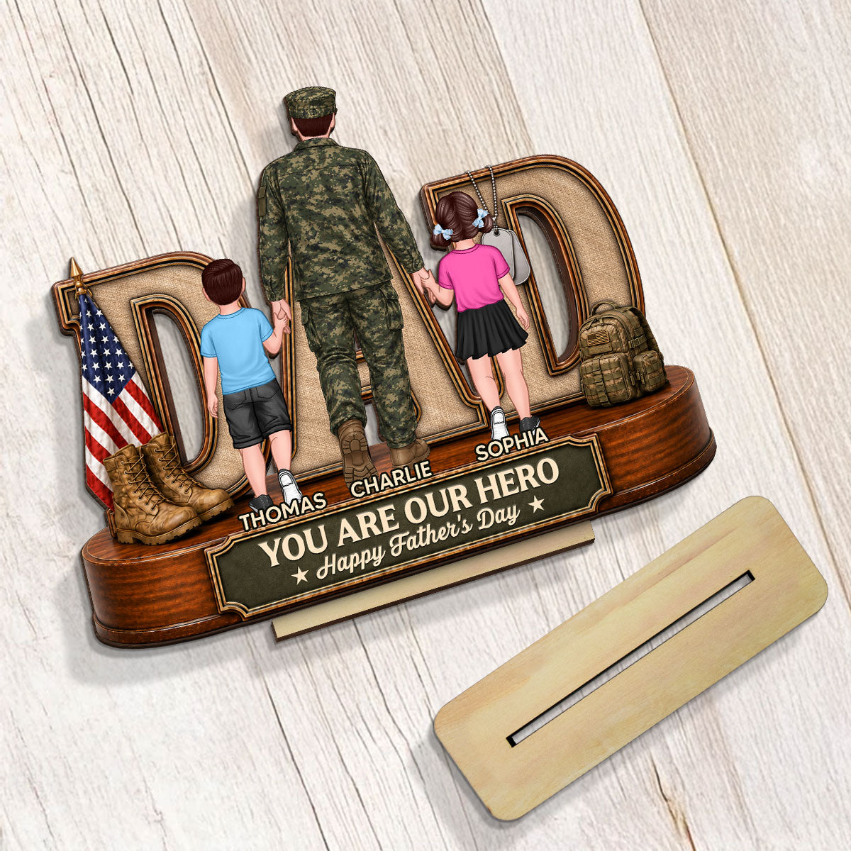 Proud American Army Dad You Are Our Hero - Personalized 2-Layered Wooden Plaque -  Gift For Dad, Husband