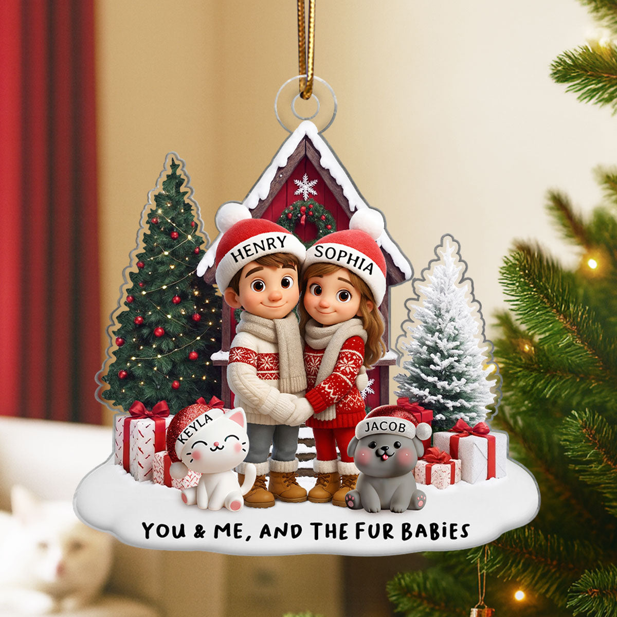 Couple & Dogs Cats Farm House - Personalized Acrylic Ornament - Christmas Gift for him, Gift for her, Gift for Pet Lovers