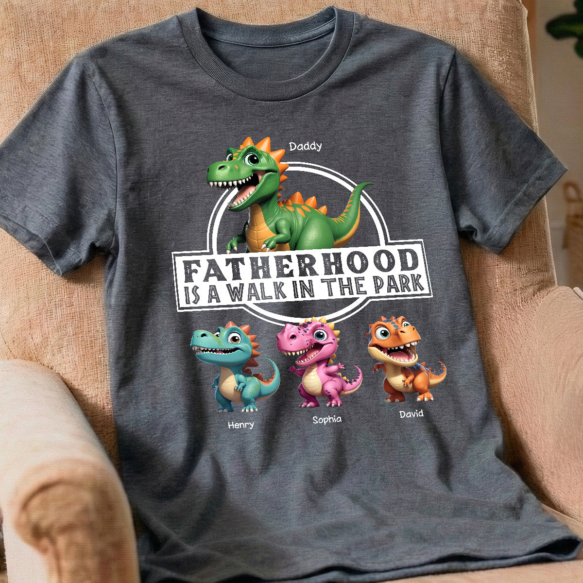 Fatherhood Is A Walk In The Park Dinosaurs Dad & Kids - Personalized Shirt - Father's Day Gift For Husband, Dad