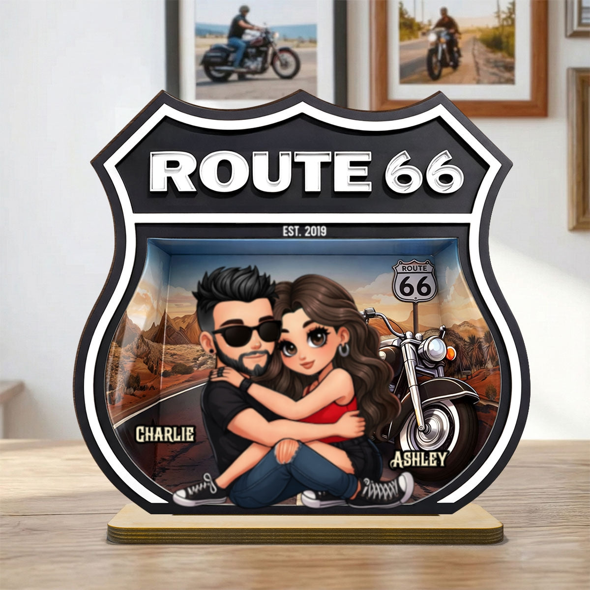 Bikers Couple Route 66 - Personalized 2 Layer Standing Wooden Plaque - Gift for Couple