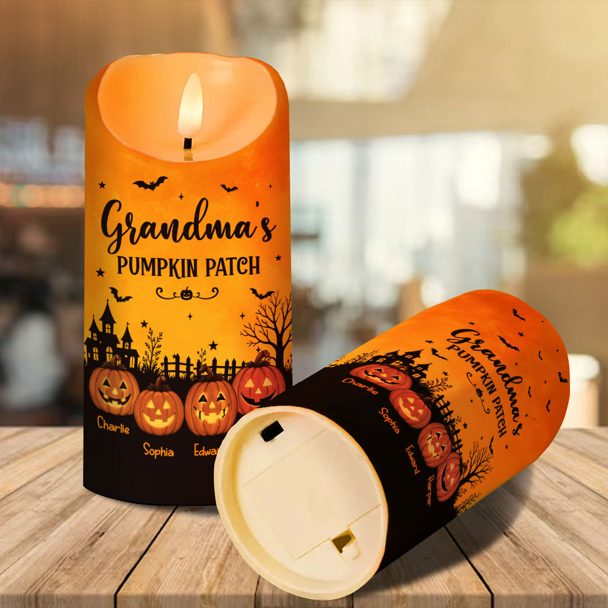 Grandma's Pumpkin Patch Jack-o'-lantern Pumpkins - Personalized LED Candle - Perfect Halloween Decor For Grandma