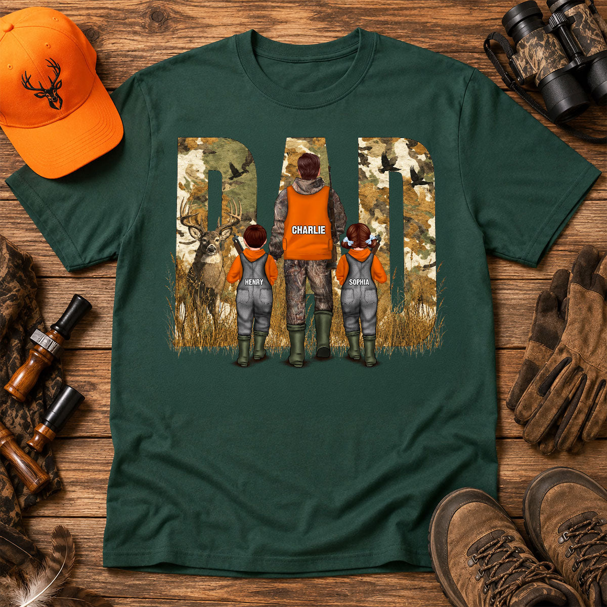 Hunting Dad & Children - Personalized Shirt - Outdoor Father's Day Gift for Dad, Husband