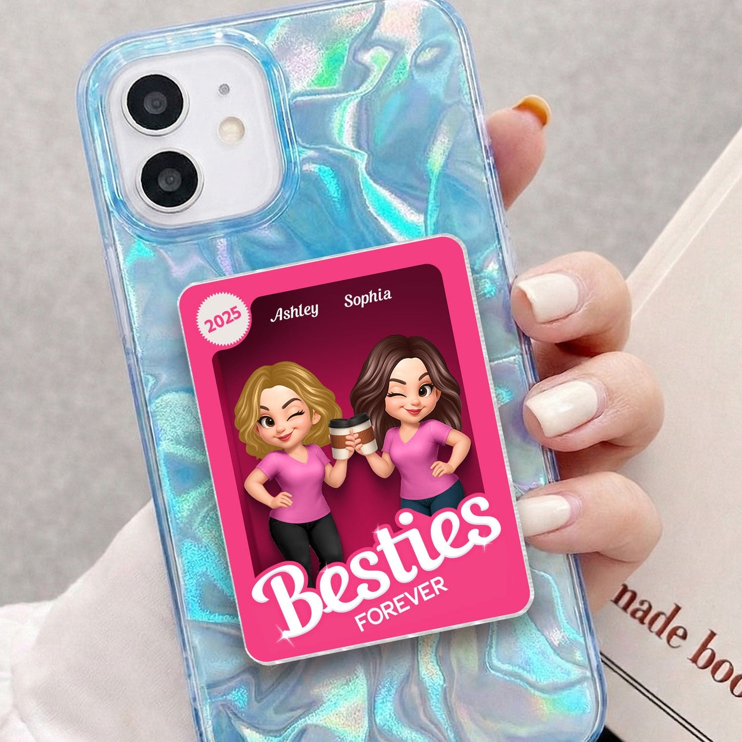 Besties Forever Pink 3D Effect Action Figure – Personalized Acrylic Magnetic Phone Grip – Gift for Best Friends, Matching Phone Grips