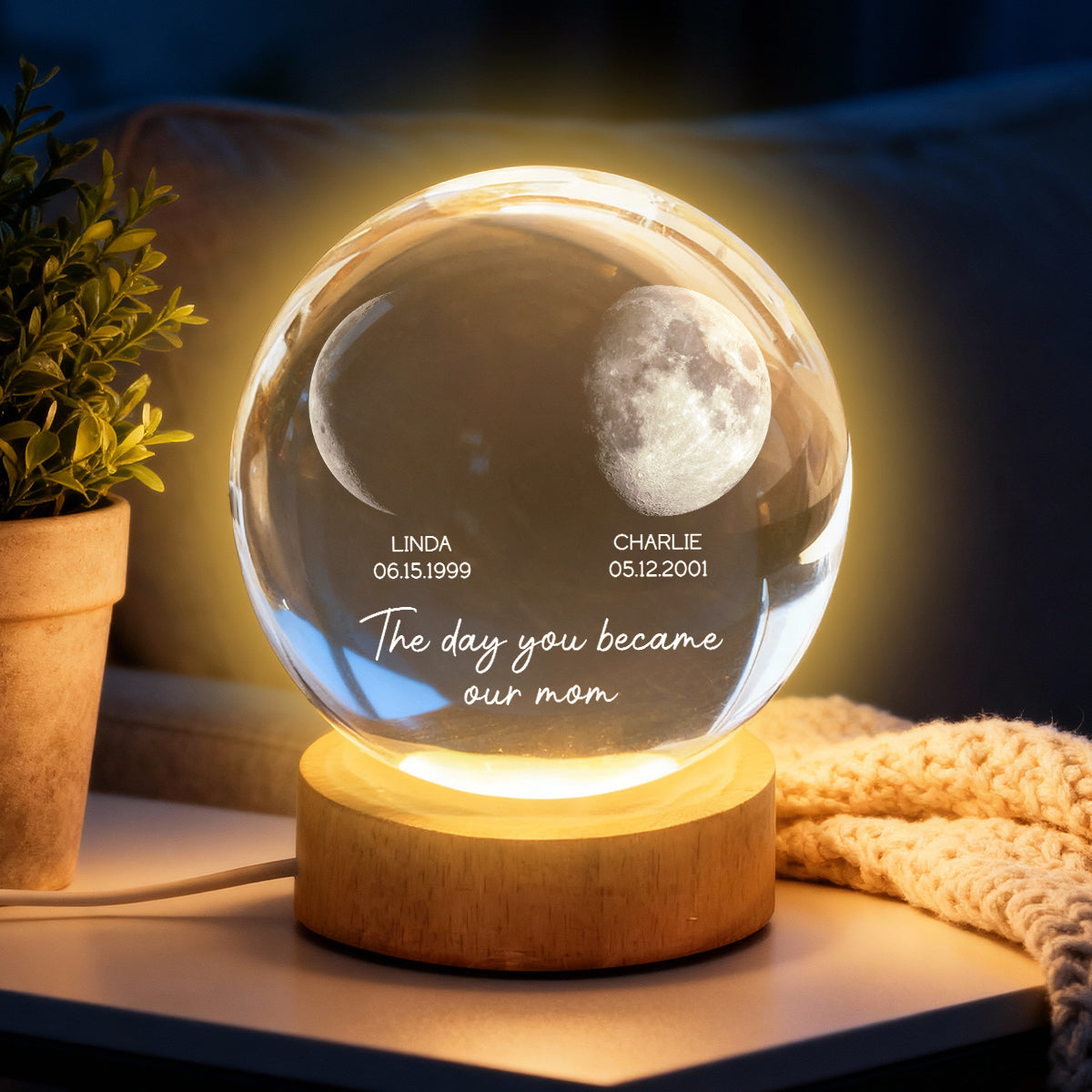 The Day You Became My Mom - Personalized Crystal Ball LED Night Light - Heartfelt Gift for Mom, Dad