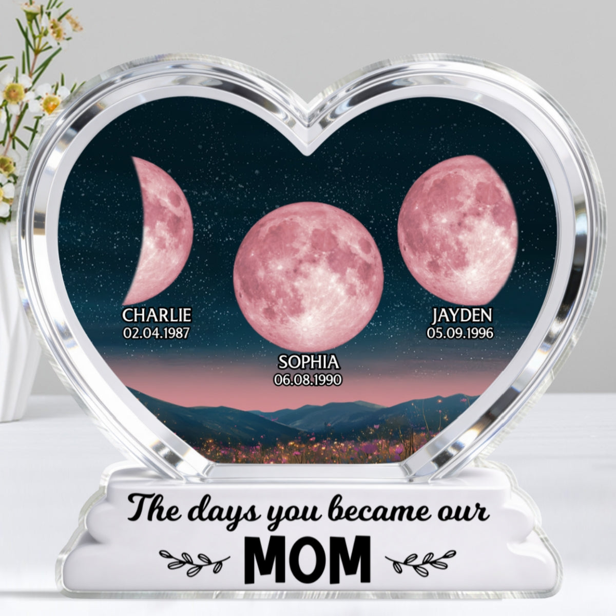 The Days You Became Our Mom Grandma Floral Custom Birth Moon Phase 2D Flat - Personalized Acrylic Block Plaque - Mother's Day Gift For Mom, Grandma