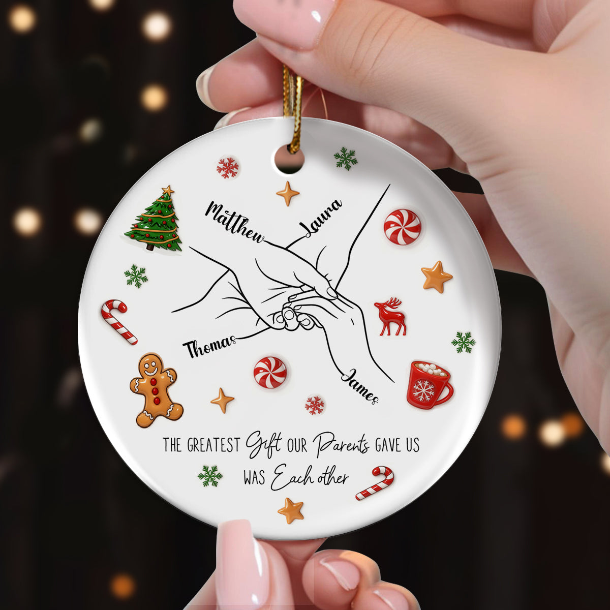 Sibling Hands Line Art - Personalized Ceramic Ornament - Christmas Gift For Brother, For Sister