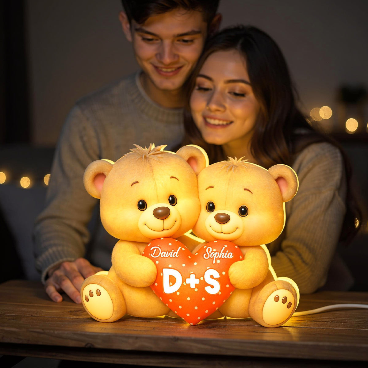 Bear Couple Holding Heart - Personalized Light Box - Valentine's Day Gift for him, for her