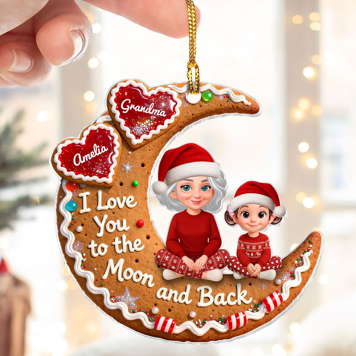 3D Effect Gingerbread Moon Grandma Grandkid Love You To The Moon And Back - Personalized Acrylic Ornament - Christmas Gift For All Grandkids