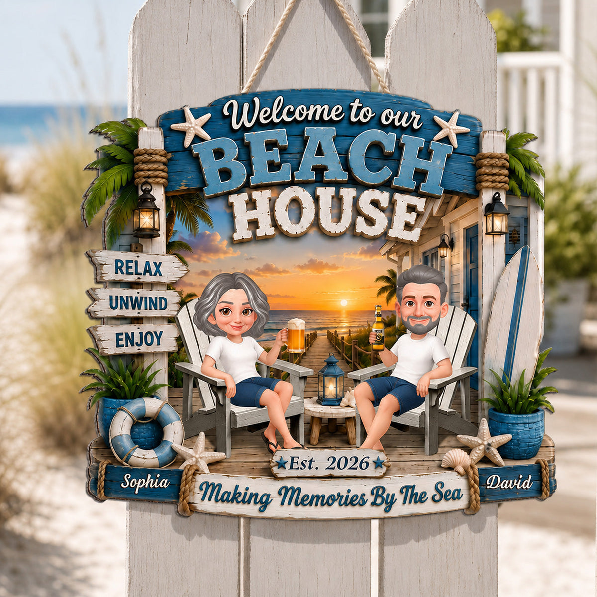 Welcome To Our Beach House - Personalized Wood Sign - Gift For Couple, Summer Decoration
