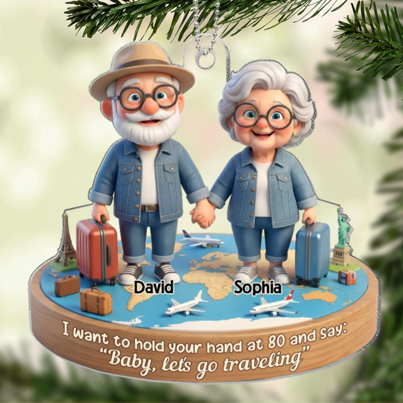 3D Effect Old Couple Baby Let's Go Traveling  - Personalized Acrylic Car Hanger - Sentimental Gift for him, for her