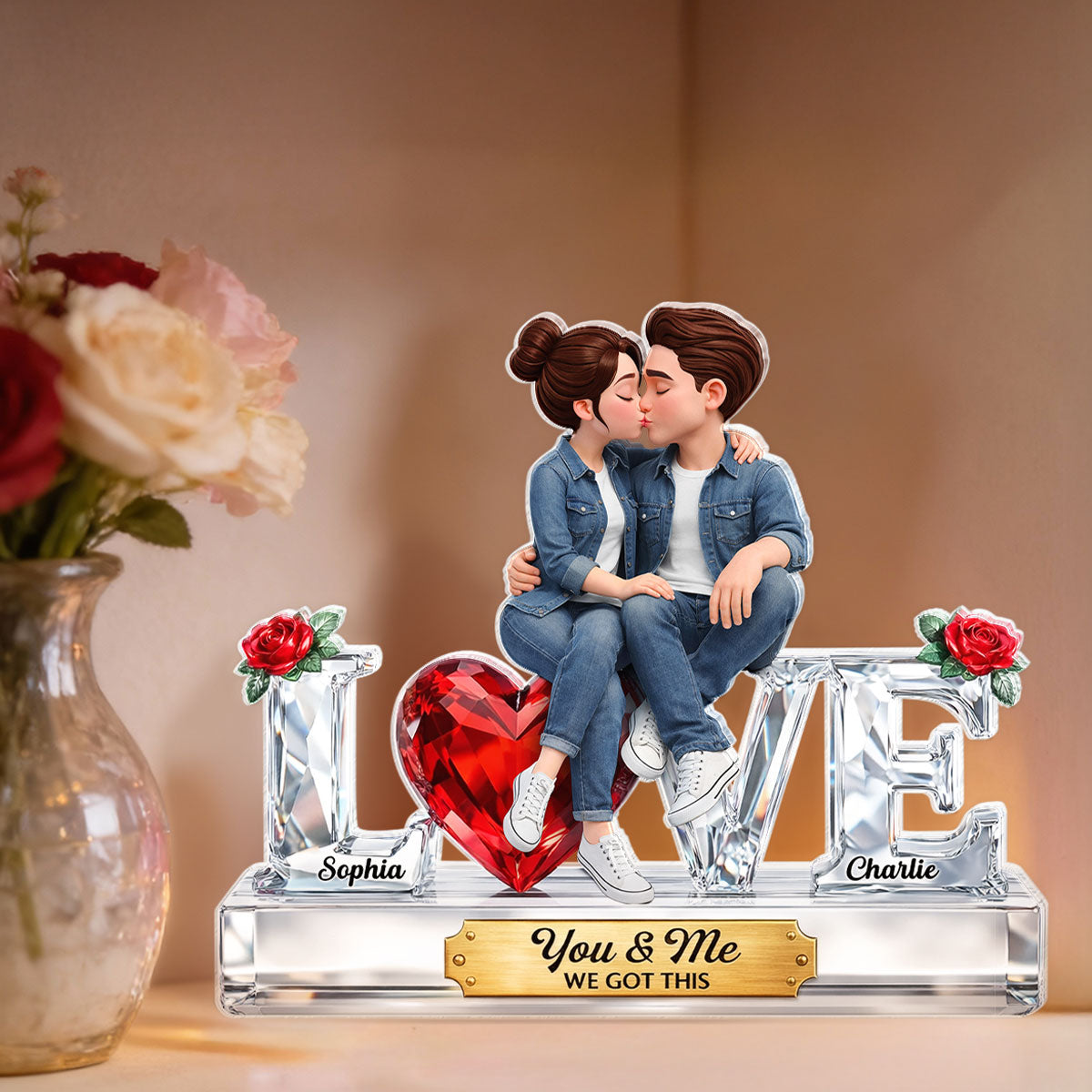 Couple Love 3D Crystal Effect - Personalized Acrylic Block Plaque - Heartfelt Valentine's Day Gift for Her, for Him