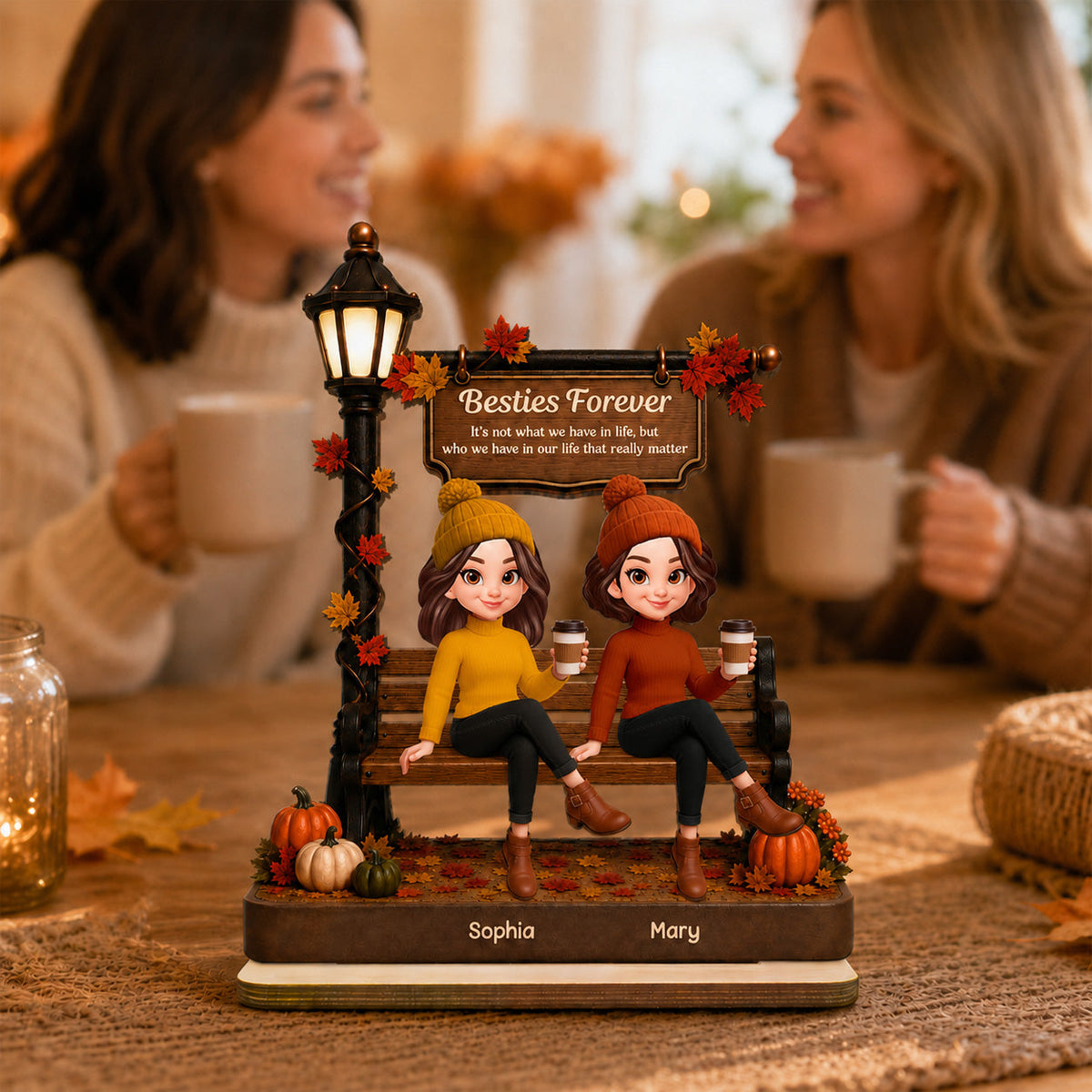 Fall Season Besties Sitting Under Lamp Post - Personalized Wooden Plaque