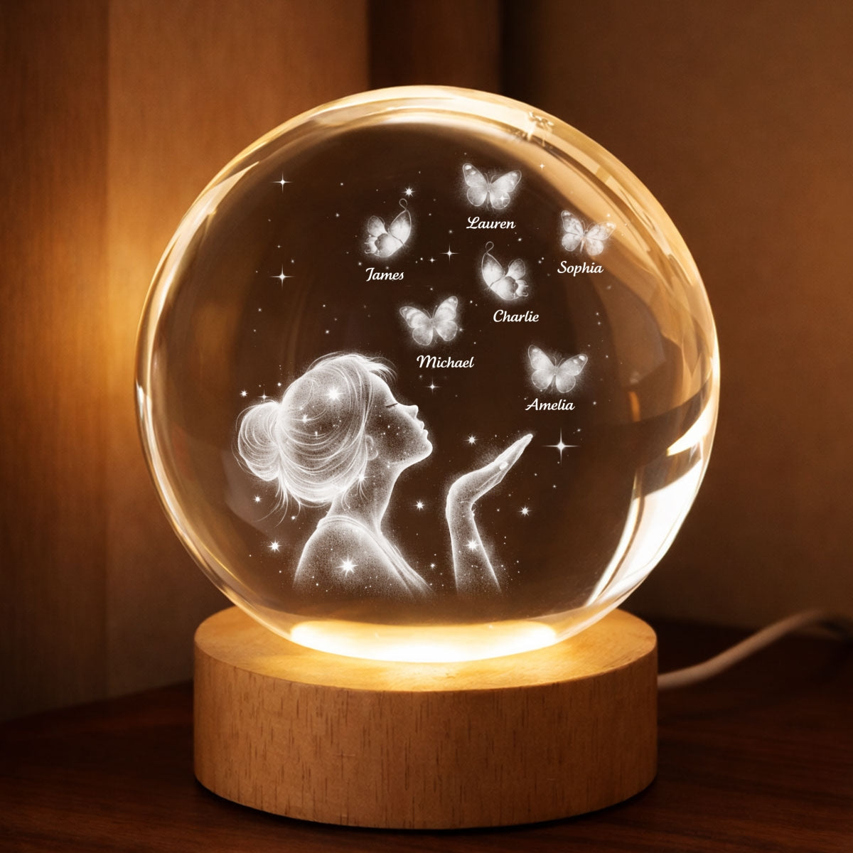 Grandma Mom Butterflies Kiss - Personalized Crystal Ball LED Night Light - Sentimental Gift for Grandma, Mom